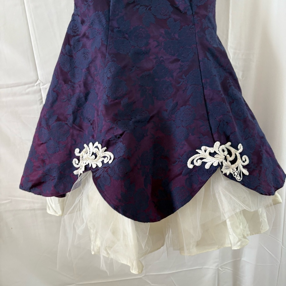 Vintage strapless puff mini dress navy blue jacquard lace formal prom medium - Picture 4 of 6